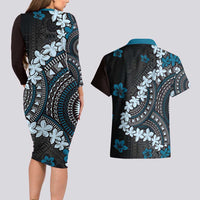 Bula Fiji Women's Day Couples Matching Long Sleeve Bodycon Dress and Hawaiian Shirt Indigo Masi Tapa