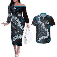 Bula Fiji Women's Day Couples Matching Off The Shoulder Long Sleeve Dress and Hawaiian Shirt Indigo Masi Tapa