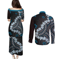 Bula Fiji Women's Day Couples Matching Puletasi and Long Sleeve Button Shirt Indigo Masi Tapa