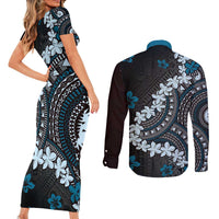 Bula Fiji Women's Day Couples Matching Short Sleeve Bodycon Dress and Long Sleeve Button Shirt Indigo Masi Tapa