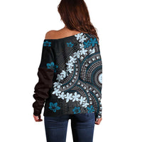 Bula Fiji Women's Day Off Shoulder Sweater Indigo Masi Tapa