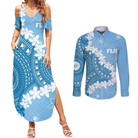 Bula Fiji Women's Day Couples Matching Summer Maxi Dress and Long Sleeve Button Shirt Turquoise Masi Tapa