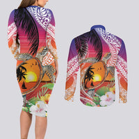 Polynesian Dreamy Turtle Couples Matching Long Sleeve Bodycon Dress and Long Sleeve Button Shirt Sunset Scenery LT7 - Polynesian Pride