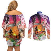 Polynesian Dreamy Turtle Couples Matching Off Shoulder Short Dress and Long Sleeve Button Shirt Sunset Scenery LT7 - Polynesian Pride