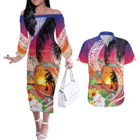 Polynesian Dreamy Turtle Couples Matching Off The Shoulder Long Sleeve Dress and Hawaiian Shirt Sunset Scenery LT7 Art - Polynesian Pride