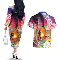 Polynesian Dreamy Turtle Couples Matching Off The Shoulder Long Sleeve Dress and Hawaiian Shirt Sunset Scenery LT7 - Polynesian Pride