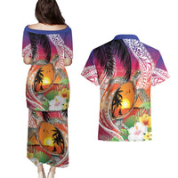 Polynesian Dreamy Turtle Couples Matching Puletasi and Hawaiian Shirt Sunset Scenery LT7 - Polynesian Pride