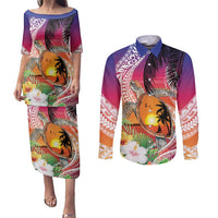 Polynesian Dreamy Turtle Couples Matching Puletasi and Long Sleeve Button Shirt Sunset Scenery LT7 Art - Polynesian Pride