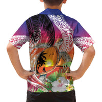 Polynesian Dreamy Turtle Family Matching Off The Shoulder Long Sleeve Dress and Hawaiian Shirt Sunset Scenery