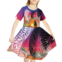 Polynesian Dreamy Turtle Kid Short Sleeve Dress Sunset Scenery