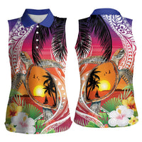 Polynesian Dreamy Turtle Women Sleeveless Polo Shirt Sunset Scenery