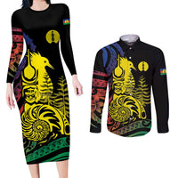 New Caledonia Kanaky Couples Matching Long Sleeve Bodycon Dress and Long Sleeve Button Shirt Stylized Fleche Faitiere With Kagu Bird