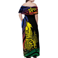New Caledonia Kanaky Family Matching Off Shoulder Maxi Dress and Hawaiian Shirt Stylized Fleche Faitiere With Kagu Bird