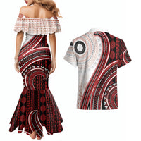 Bula Fiji Vintage Tapa Couples Matching Mermaid Dress and Hawaiian Shirt Kaivity Masi Wave Motifs - Red