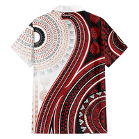 Bula Fiji Vintage Tapa Family Matching Off Shoulder Maxi Dress and Hawaiian Shirt Kaivity Masi Wave Motifs - Red