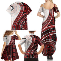 Bula Fiji Vintage Tapa Family Matching Summer Maxi Dress and Hawaiian Shirt Kaivity Masi Wave Motifs - Red