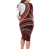 Bula Fiji Vintage Tapa Long Sleeve Bodycon Dress Kaivity Masi Wave Motifs - Red LT7 - Polynesian Pride