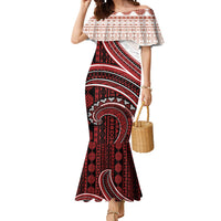 Bula Fiji Vintage Tapa Mermaid Dress Kaivity Masi Wave Motifs - Red LT7 Women Red - Polynesian Pride