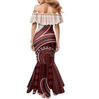 Bula Fiji Vintage Tapa Mermaid Dress Kaivity Masi Wave Motifs - Red LT7 - Polynesian Pride