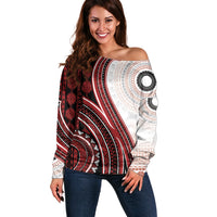 Bula Fiji Vintage Tapa Off Shoulder Sweater Kaivity Masi Wave Motifs - Red LT7 Women Red - Polynesian Pride