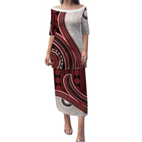 Bula Fiji Vintage Tapa Puletasi Kaivity Masi Wave Motifs - Red LT7 Long Dress Red - Polynesian Pride