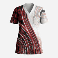 Bula Fiji Vintage Tapa Scrub Top Kaivity Masi Wave Motifs - Red LT7 Adult Red - Polynesian Pride