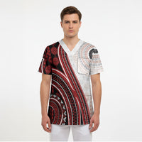 Bula Fiji Vintage Tapa Scrub Top Kaivity Masi Wave Motifs - Red LT7 - Polynesian Pride