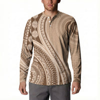 Bula Fiji Vintage Tapa Button Sweatshirt Kaivity Masi Wave Motifs - Mocha LT7 - Polynesian Pride