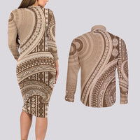 Bula Fiji Vintage Tapa Couples Matching Long Sleeve Bodycon Dress and Long Sleeve Button Shirt Kaivity Masi Wave Motifs - Mocha
