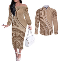 Bula Fiji Vintage Tapa Couples Matching Off The Shoulder Long Sleeve Dress and Long Sleeve Button Shirt Kaivity Masi Wave Motifs - Mocha