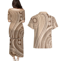 Bula Fiji Vintage Tapa Couples Matching Puletasi and Hawaiian Shirt Kaivity Masi Wave Motifs - Mocha
