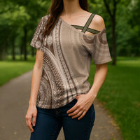 Bula Fiji Vintage Tapa Cross Shoulder Shirt Kaivity Masi Wave Motifs - Mocha