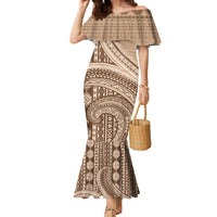 Bula Fiji Vintage Tapa Family Matching Mermaid Dress and Hawaiian Shirt Kaivity Masi Wave Motifs - Mocha
