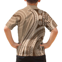Bula Fiji Vintage Tapa Family Matching Off The Shoulder Long Sleeve Dress and Hawaiian Shirt Kaivity Masi Wave Motifs - Mocha