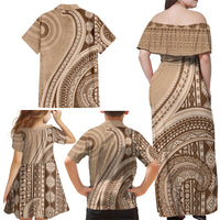 Bula Fiji Vintage Tapa Family Matching Off Shoulder Maxi Dress and Hawaiian Shirt Kaivity Masi Wave Motifs - Mocha