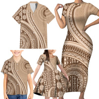 Bula Fiji Vintage Tapa Family Matching Short Sleeve Bodycon Dress and Hawaiian Shirt Kaivity Masi Wave Motifs - Mocha