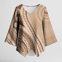 Bula Fiji Vintage Tapa Kimono Sleeve Blouse Kaivity Masi Wave Motifs - Mocha LT7 Female Beige - Polynesian Pride