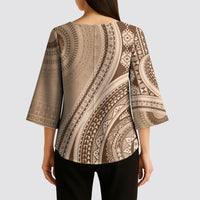 Bula Fiji Vintage Tapa Kimono Sleeve Blouse Kaivity Masi Wave Motifs - Mocha LT7 - Polynesian Pride