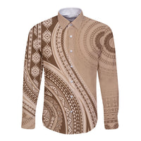 Bula Fiji Vintage Tapa Long Sleeve Button Shirt Kaivity Masi Wave Motifs - Mocha LT7 Unisex Beige - Polynesian Pride