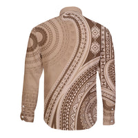 Bula Fiji Vintage Tapa Long Sleeve Button Shirt Kaivity Masi Wave Motifs - Mocha LT7 - Polynesian Pride