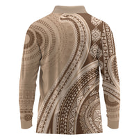 Bula Fiji Vintage Tapa Long Sleeve Polo Shirt Kaivity Masi Wave Motifs - Mocha LT7 - Polynesian Pride