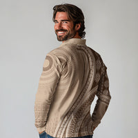 Bula Fiji Vintage Tapa Long Sleeve Polo Shirt Kaivity Masi Wave Motifs - Mocha LT7 - Polynesian Pride