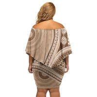 Bula Fiji Vintage Tapa Off Shoulder Short Dress Kaivity Masi Wave Motifs - Mocha LT7 - Polynesian Pride