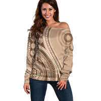 Bula Fiji Vintage Tapa Off Shoulder Sweater Kaivity Masi Wave Motifs - Mocha LT7 Women Beige - Polynesian Pride