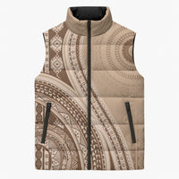 Bula Fiji Vintage Tapa Sleeveless Puffer Jacket Kaivity Masi Wave Motifs - Mocha LT7 Unisex Beige - Polynesian Pride
