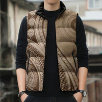 Bula Fiji Vintage Tapa Sleeveless Puffer Jacket Kaivity Masi Wave Motifs - Mocha LT7 - Polynesian Pride