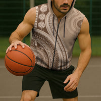 Bula Fiji Vintage Tapa Sleeveless Zip Hoodie Kaivity Masi Wave Motifs - Mocha LT7 - Polynesian Pride