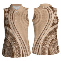 Bula Fiji Vintage Tapa Women Sleeveless Polo Shirt Kaivity Masi Wave Motifs - Mocha