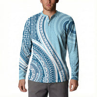 Bula Fiji Vintage Tapa Button Sweatshirt Kaivity Masi Wave Motifs - Turquoise LT7 - Polynesian Pride