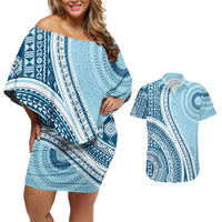 Bula Fiji Vintage Tapa Couples Matching Off Shoulder Short Dress and Hawaiian Shirt Kaivity Masi Wave Motifs - Turquoise